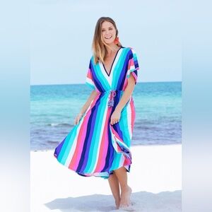 Cabana Life Multicolor Dress v-Neck sleeves stripe tassel ties stretch Sz M